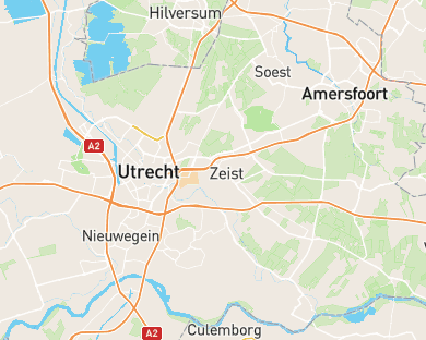 Een kaart van Nederland rond Utrecht, met Hilversum, Amersfoort en Culemborg eromheen.